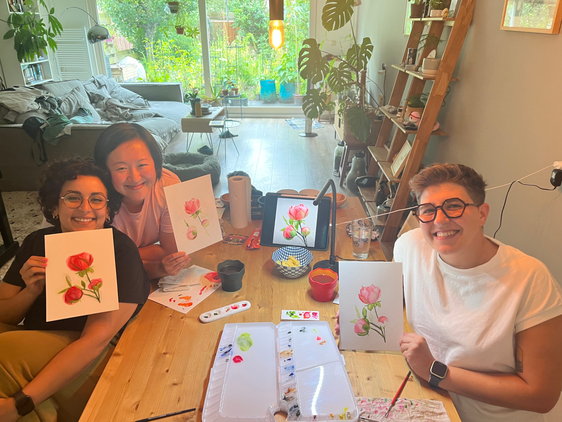 Three watercolour paintings of pink peony blossoms by Amy